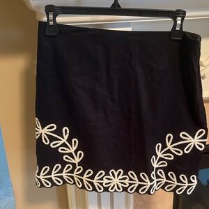 Stylish Black linen Mini Skirt with White Floral Design